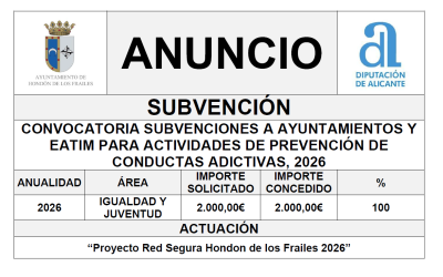 CONVOCATORIA SUBVENCIONES A AYUNTAMIENTOS Y EATIM PARA ACTIVIDADES DE PREVENCIÓN DE CONDUCTAS ADICTIVAS, 2026