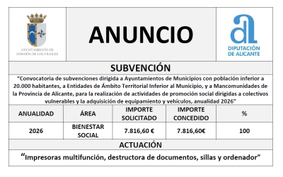 “Convocatoria de subvenciones dirigida a Ayuntamientos de Municipios con población inferior a 20.000 habitantes, a Entidades de Ámbito Territorial Inferior al Municipio, y a Mancomunidades de la Provincia de Alicante, para la realización de actividades de promoción social dirigidas a colectivos vulnerables y la adquisición de equipamiento y vehículos, anualidad 2026”