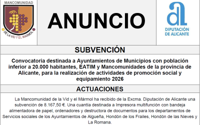 Convocatoria destinada a Ayuntamientos de Municipios con población inferior a 20.000 habitantes, EATIM y Mancomunidades de la provincia de Alicante, para la realización de actividades de promoción social y equipamiento 2026