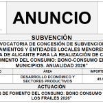 “CONVOCATORIA DE CONCESIÓN DE SUBVENCIONES A AYUNTAMIENTOS Y ENTIDADES LOCALES MENORES DE LA PROVINCIA DE ALICANTE PARA LA REALIZACIÓN DE CAMPAÑAS DE FOMENTO DEL CONSUMO: BONO-CONSUMO EN SUS MUNICIPIOS. ANUALIDAD 2026”