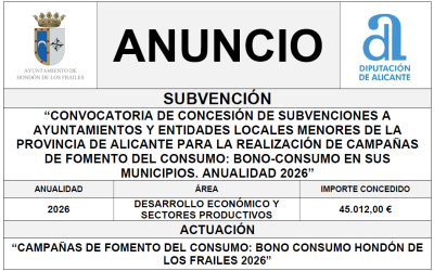 “CONVOCATORIA DE CONCESIÓN DE SUBVENCIONES A AYUNTAMIENTOS Y ENTIDADES LOCALES MENORES DE LA PROVINCIA DE ALICANTE PARA LA REALIZACIÓN DE CAMPAÑAS DE FOMENTO DEL CONSUMO: BONO-CONSUMO EN SUS MUNICIPIOS. ANUALIDAD 2026”